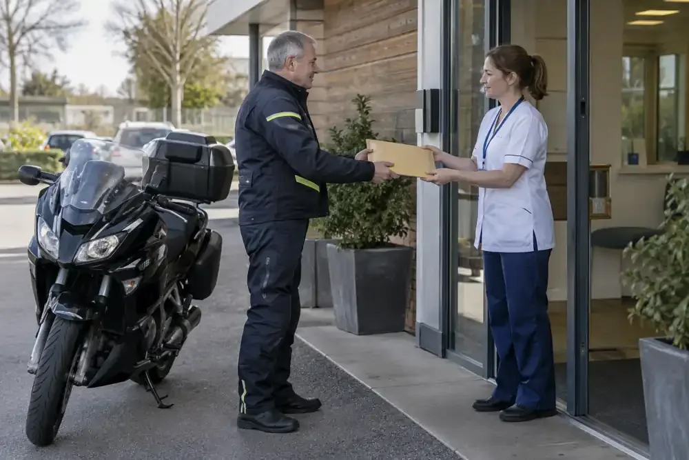 a motorcycle courier preparing or handing over a suitable consignment