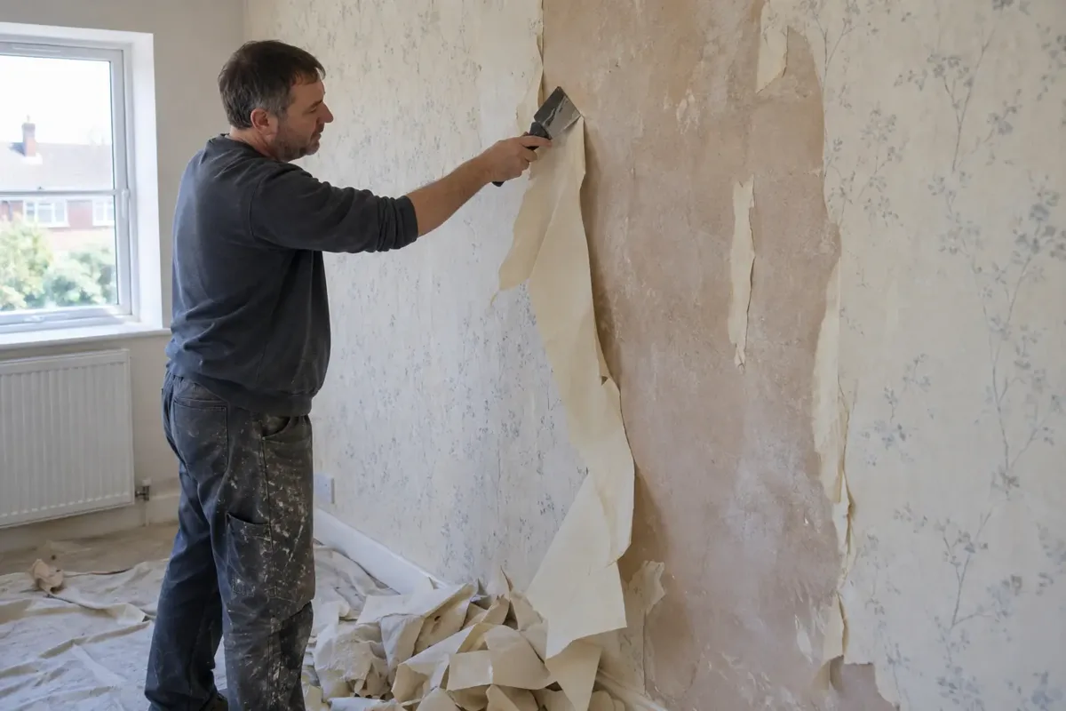 A decorator stripping loose old wallpaper from an interior wall with a broad scraper, large paper strips peeling away to reveal plaster beneath, removed paper collected on a dust sheet; hands and scraper visible, no sanding dust.
