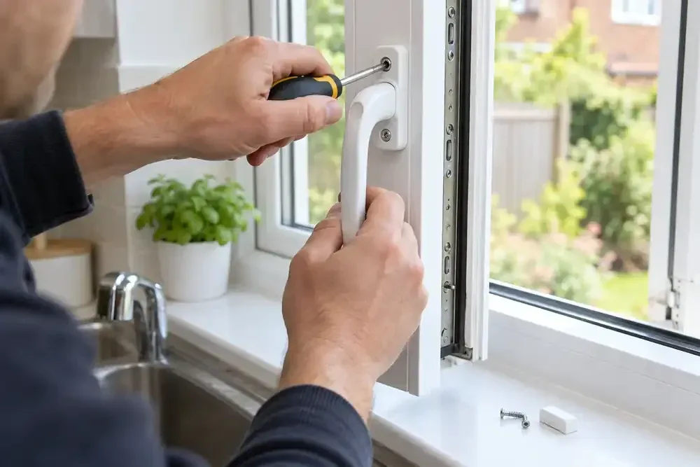 Close-up of hands tightening a white window handle