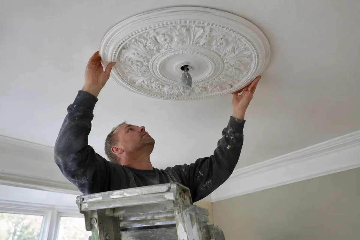 A decorator on a stable platform carefully holding a round ornate white plaster ceiling rose flush to the ceiling during installation; central electrical point capped and isolated with no live wires, broad circular decorative centrepiece clearly shown.