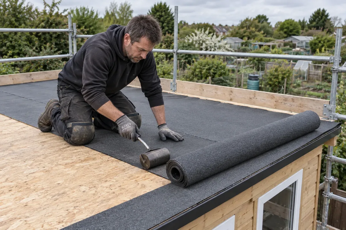 Roofer laying and rolling felt onto a prepared flat roof deck