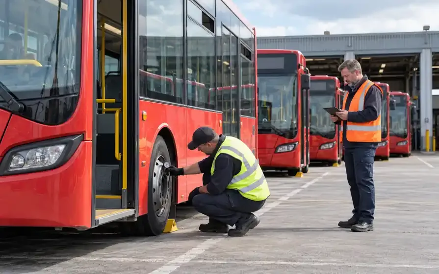 Technician checking a red city bus tyre with a pressure gauge while a supervisor records readings beside a row of buses.
