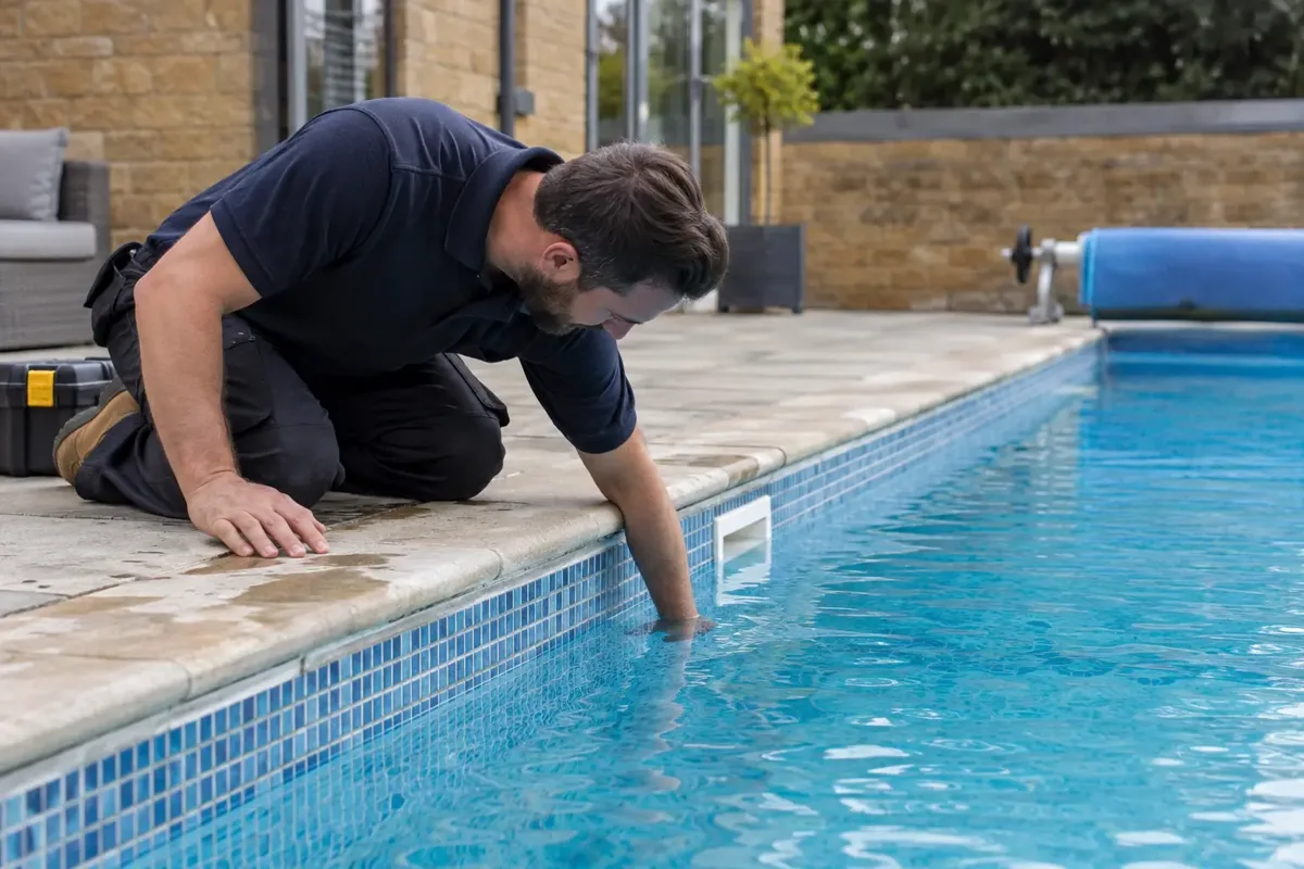 Pool specialist inspecting for leaks