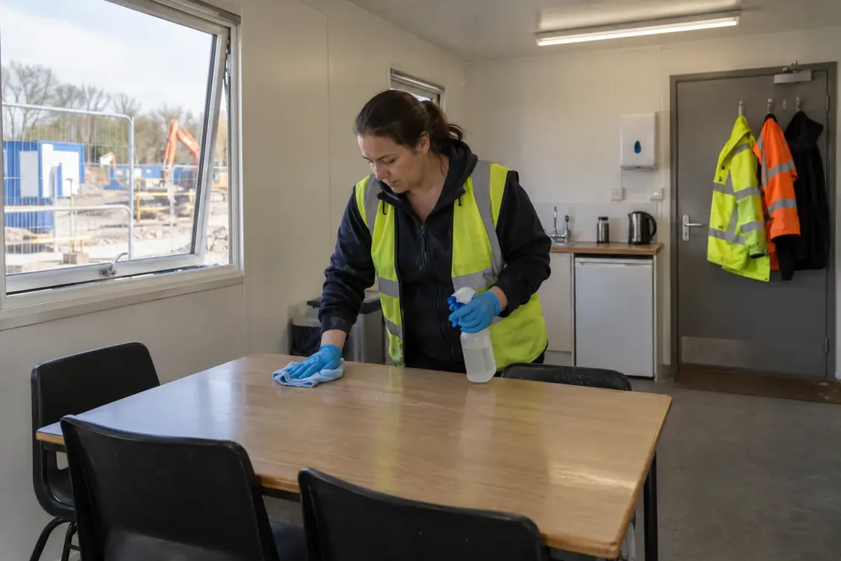 Cleaner sanitising a table inside a tidy temporary construction-site welfare cabin, with simple chairs, kitchenette and high-visibility clothing hung by a door. Open window shows fenced construction site. Clear welfare-accommodation cleaning.