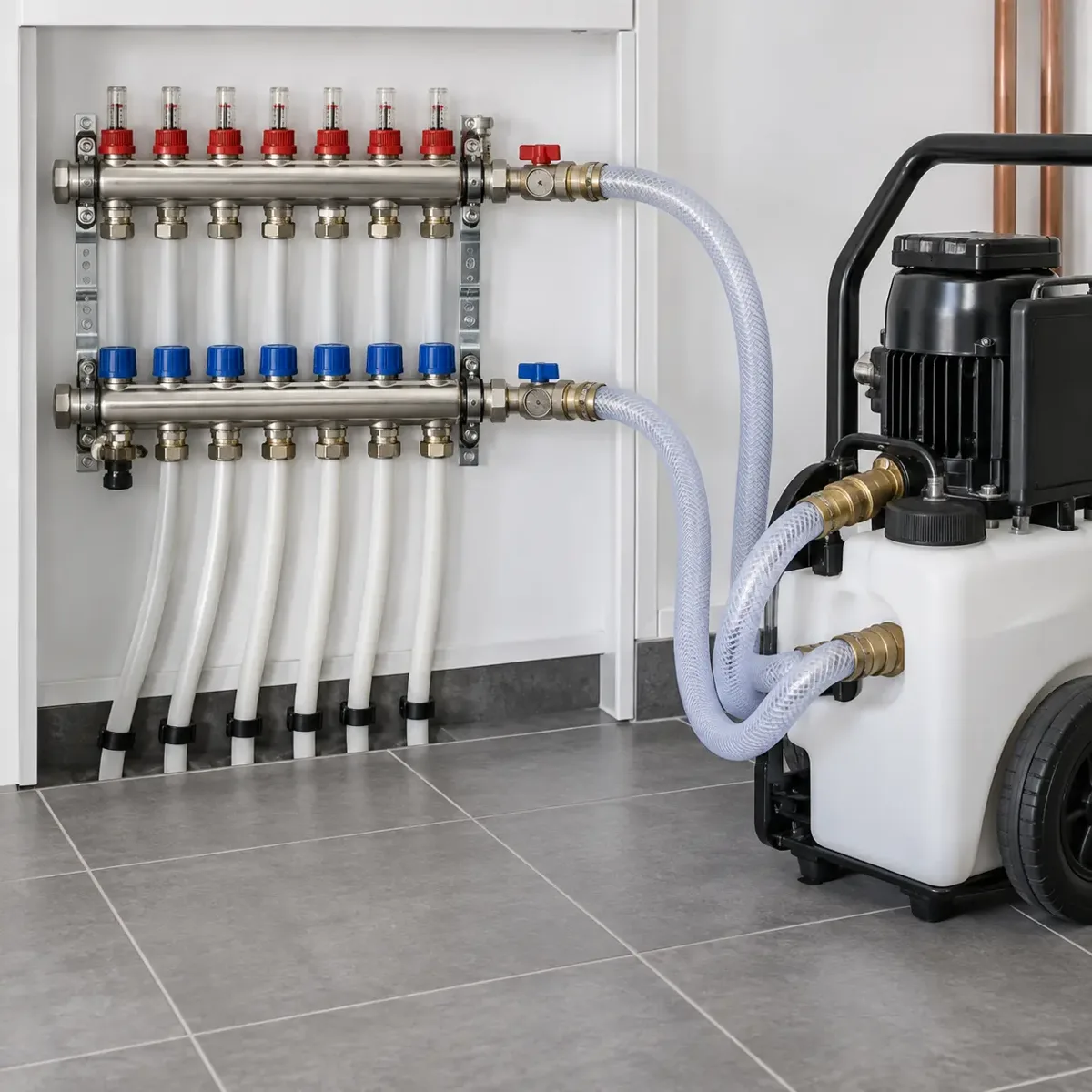 Engineer inspecting an underfloor heating manifold.