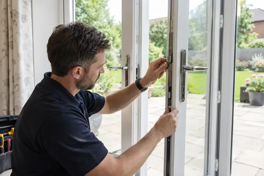 Technician checking locking shoot bolt on open pair of French doors.