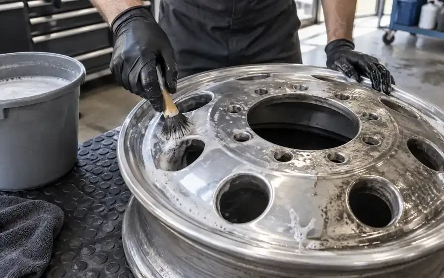 Gloved technician cleans a commercial aluminium wheel with a soft brush and soapy water.