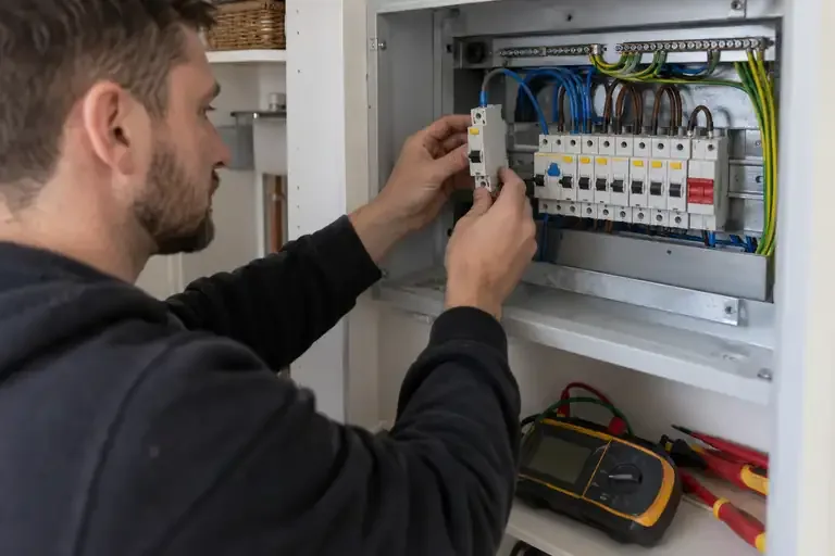 RCBO installation: a professional electrician assessing or carrying out the electrical work.