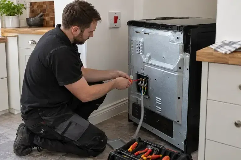 Electrician connecting power at the rear of a freestanding electric cooker