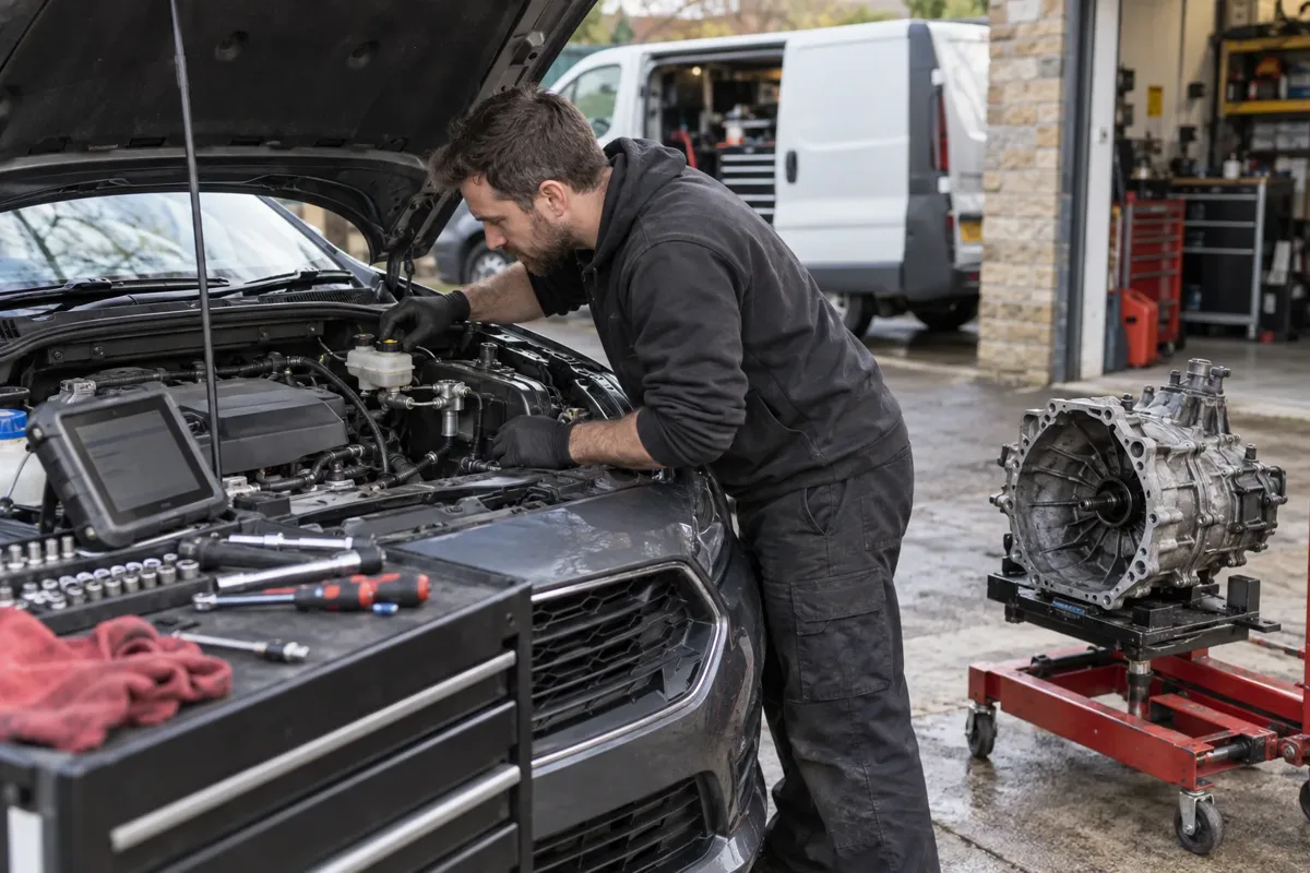 Mechanic inspecting clutch hydraulics with a gearbox on a support trolley