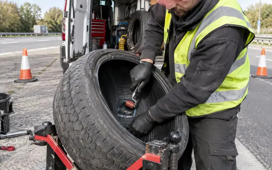 Technician rolling a puncture patch inside a demounted van tyre on a portable spreader in a roadside layby.