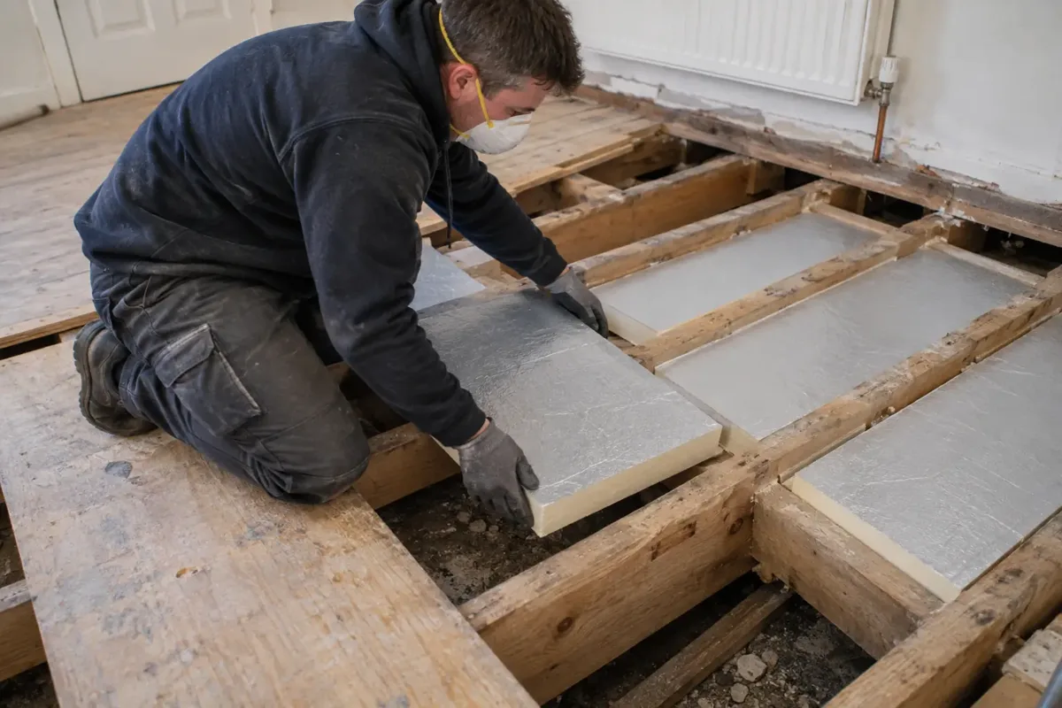 Installer in gloves and dust mask fitting rigid insulation panels between exposed suspended timber floor joists, nearby lifted floorboards clearly show domestic floor construction, stable working board and no unsafe stance.