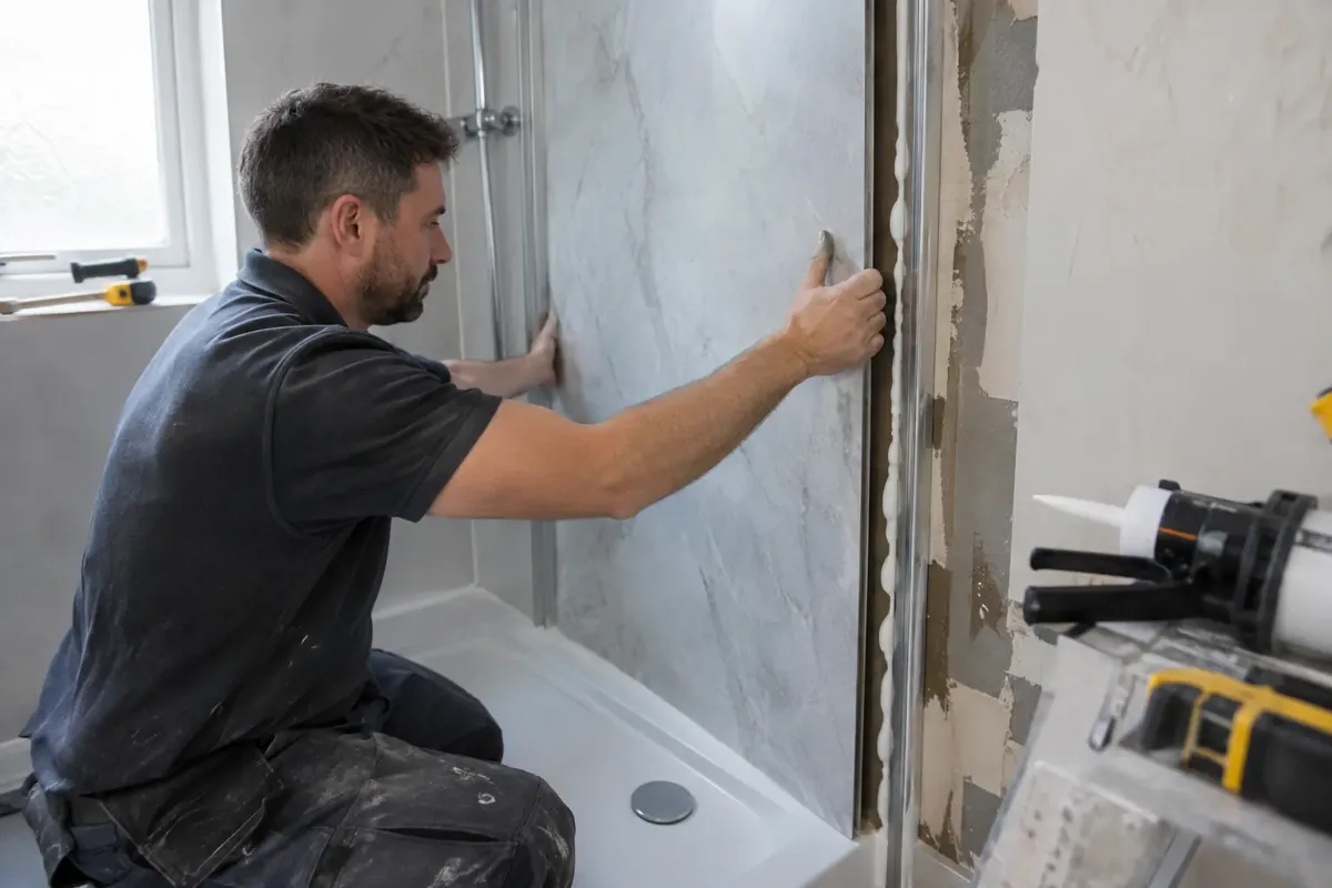 Bathroom installer aligning a large waterproof decorative wall panel into its vertical trim beside a shower tray, visible panel edge, sealant bead and fixing joint. Both hands support panel safely, unfinished wall section shows installation process.