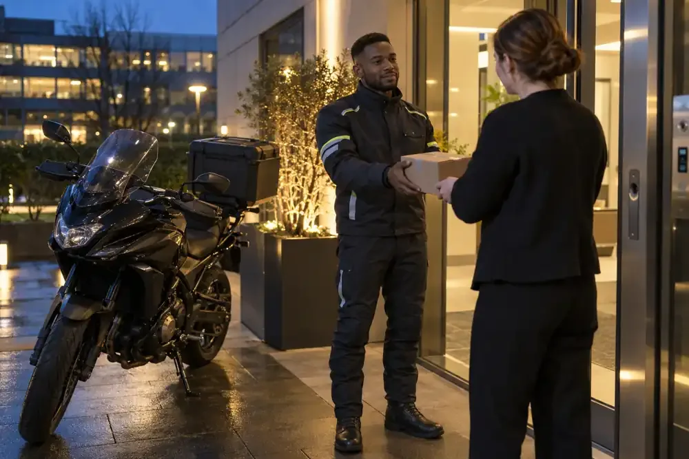 a motorcycle courier preparing or handing over a suitable consignment