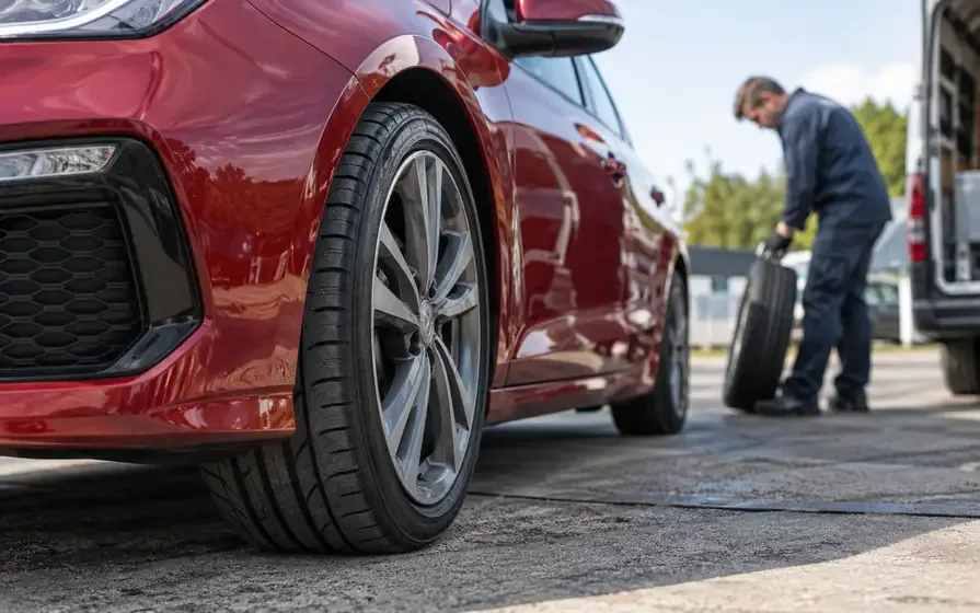 Performance tyre on a dark red sport hatchback's alloy wheel