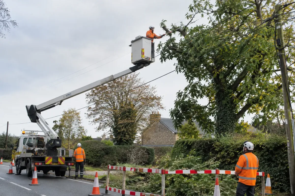 Utility arborist in an elevated insulated bucket trimming branches near overhead lines with a cordoned roadside work area and ground crew.