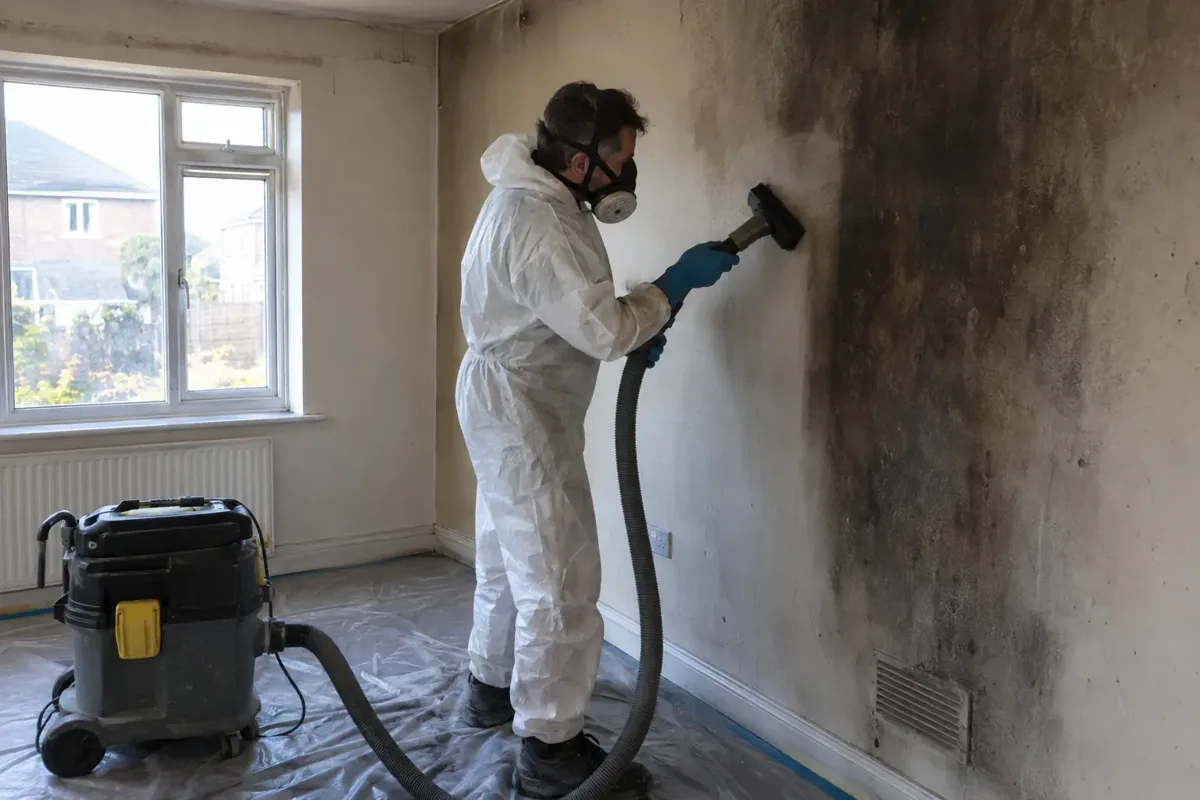 Restoration professional wearing respirator, gloves and coveralls carefully cleaning a smoke-stained interior wall in a fire-damaged empty room. Localised black soot marks, intact safe structure, specialist vacuum and protected floor, no active flames or smoke.