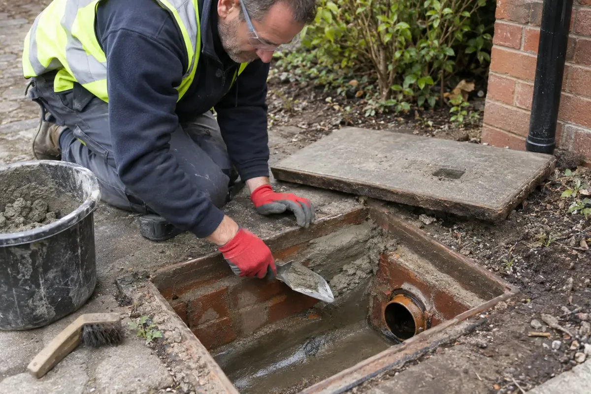 Worker kneeling outside an open shallow brick drainage inspection chamber, using a trowel to repair mortar benching and chamber rim, cover safely laid aside, gloves and eye protection, realistic masonry.