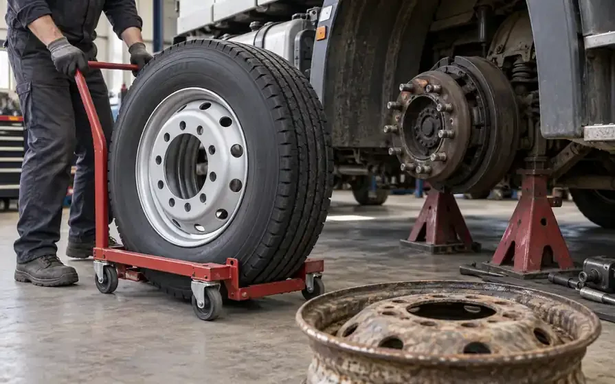 Technician moves a new truck wheel on a red trolley toward a supported hub, with an old rusty rim in front.