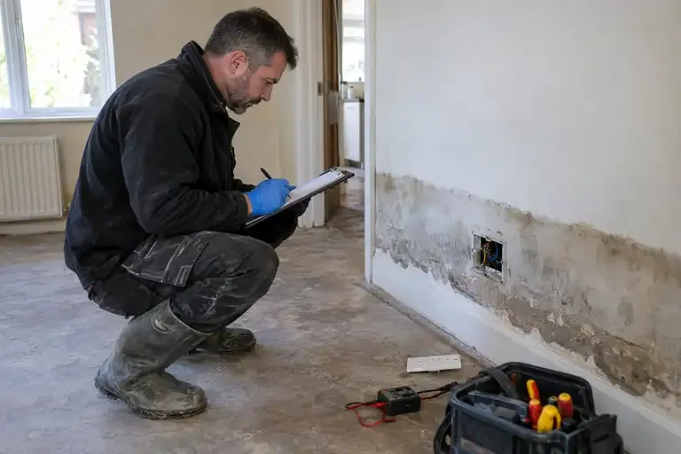 Electrician recording electrical damage beside a dried flood mark and socket backbox.