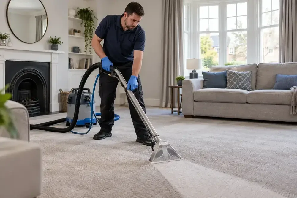 Technician extracting dirt from carpet with a professional wand