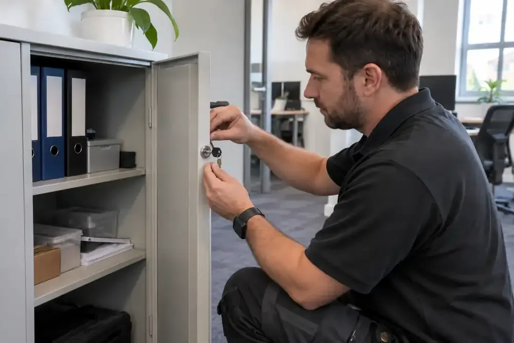 Technician fitting cam lock on open office storage cabinet.