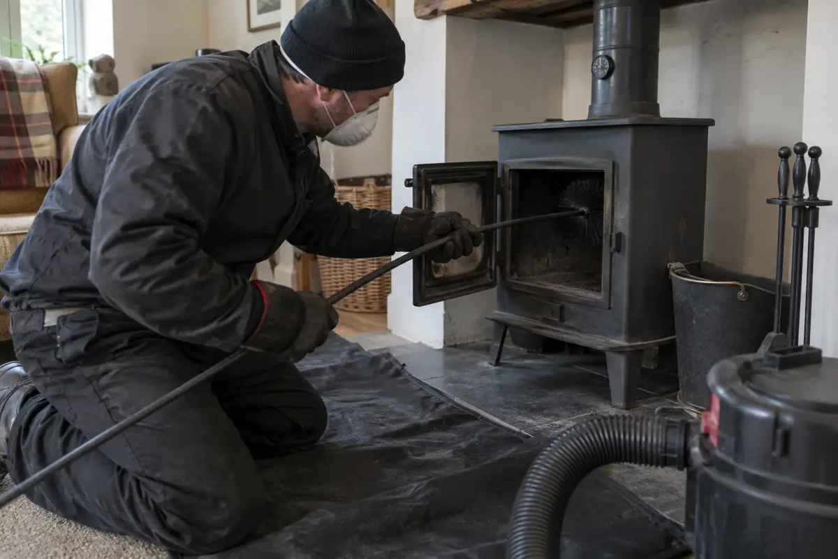 Chimney sweep feeding flexible sweeping rods through the open door of a cold black wood-burning stove, with protective hearth sheet and soot vacuum hose. UK cottage room, visible stovepipe, protective gloves and dust mask.