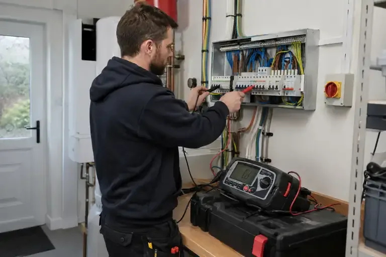 Electrician checking a consumer unit with a multifunction installation tester.