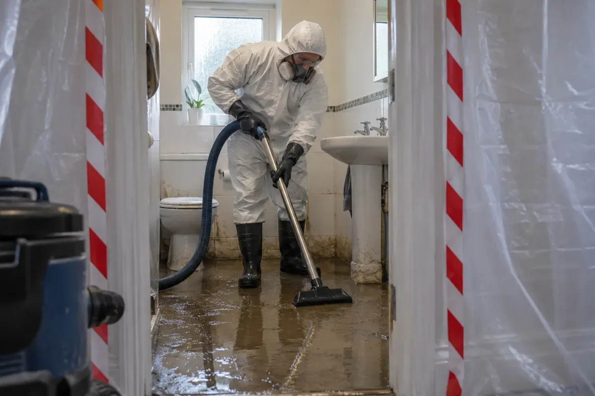 Worker in protective equipment extracting contaminated water from a bathroom