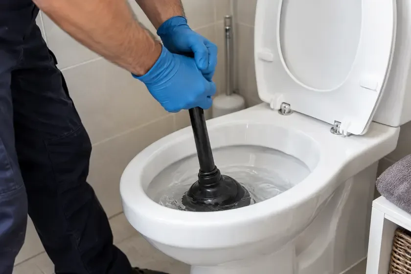Plumber using a flange plunger to clear a blocked toilet.