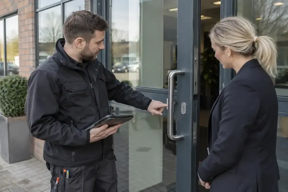 Locksmith discussing access requirements with manager at a commercial entrance.