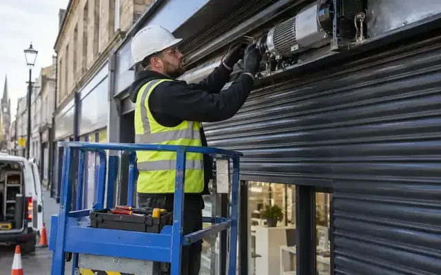 Technician accesses the shutter box and roller assembly from an elevated platform.