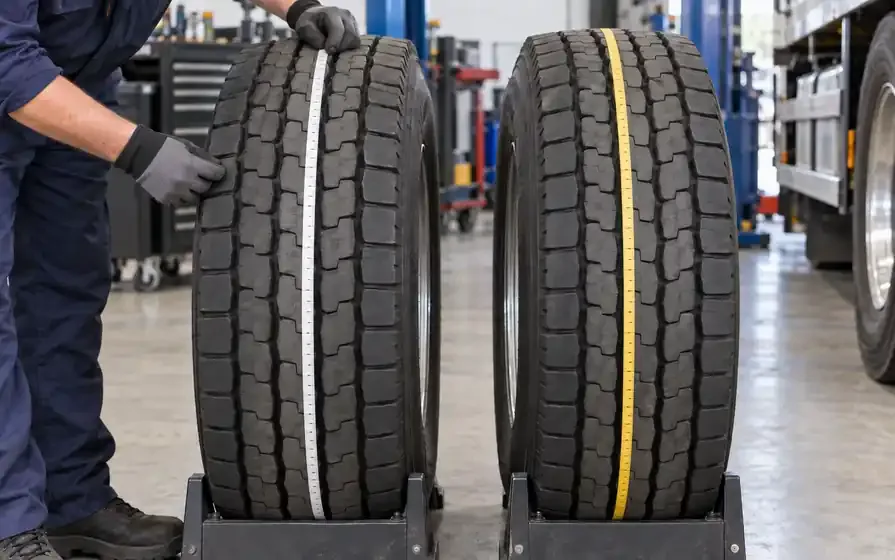 Matching truck tyres stand in cradles with measuring tapes wrapped along their rolling circumference.
