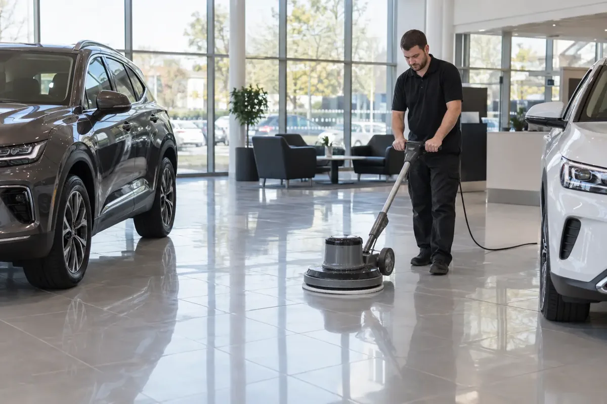 Cleaner using a low-profile floor buffer on glossy showroom tiles between two unbranded display cars in a bright UK car showroom. Large glass frontage and quiet customer seating area. No car badges or readable plates.