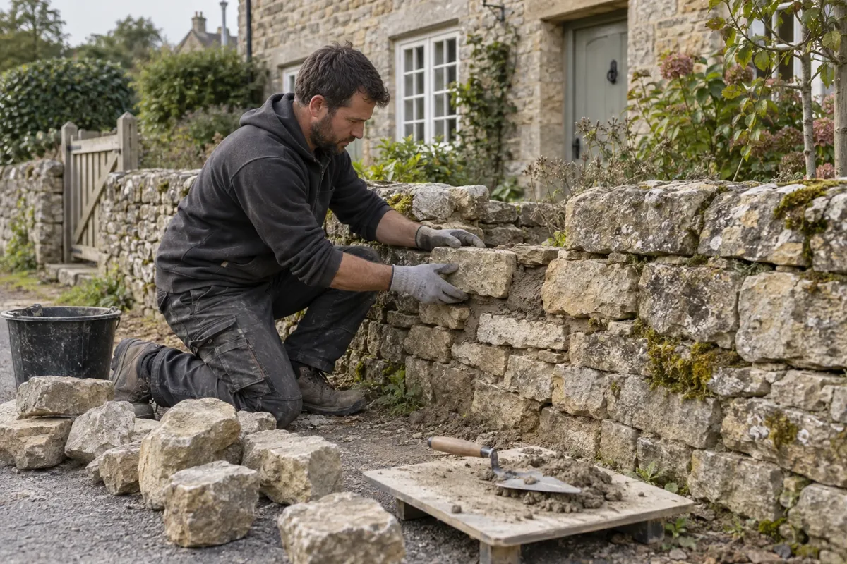 Garden stone wall repairs work