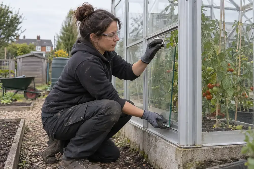 Glazier replacing a pane in an allotment greenhouse