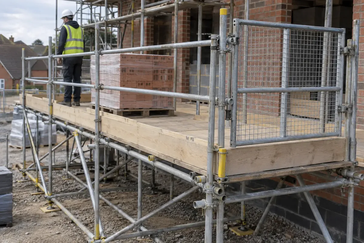 Purpose-built scaffold loading bay alongside a British construction site, broad reinforced boarded loading platform supported by substantial braced scaffold, pallet of neatly stacked bricks set back safely, closed hinged loading gate and full guardrails with toe boards, no lifting underway.
