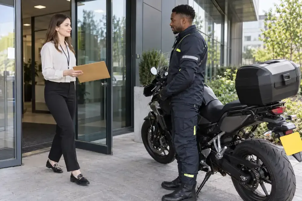 a motorcycle courier preparing or handing over a suitable consignment