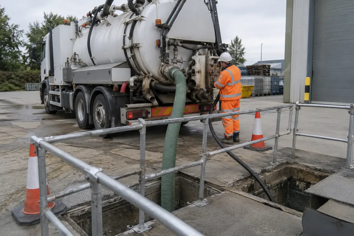 Unbranded combination vacuum-and-jetting tanker parked beside open interceptor access chambers in a commercial yard. A thick suction hose and smaller jetting hose enter separate chamber openings within a safety barrier; PPE-clad operator monitors controls from ground level.