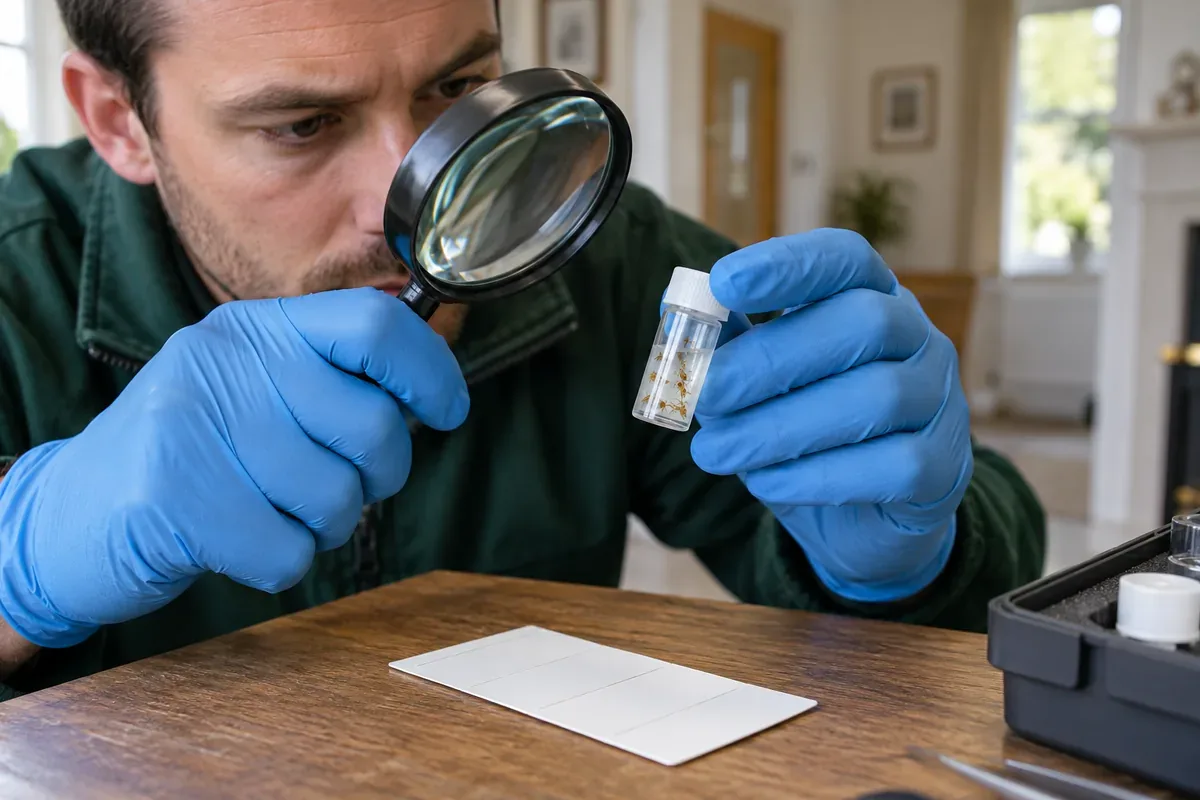 Close-up of a pest inspector's gloved hands examining a tiny sealed clear specimen vial containing minute pale yellow-brown ants beside a plain white insect monitoring card with no visible text, hand magnifier over vial, clean indoor work table, green sleeve and softly blurred British building interior, detailed natural editorial photo.