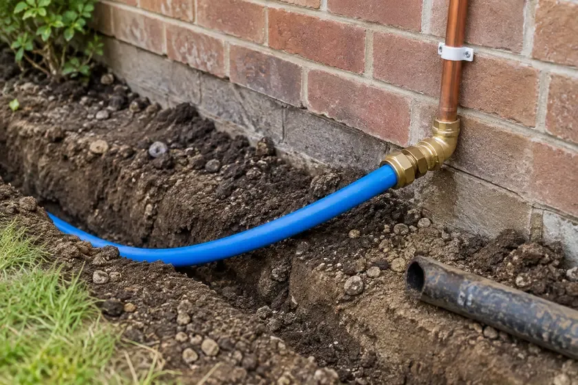 New blue water supply pipe and connection beside a brick house.