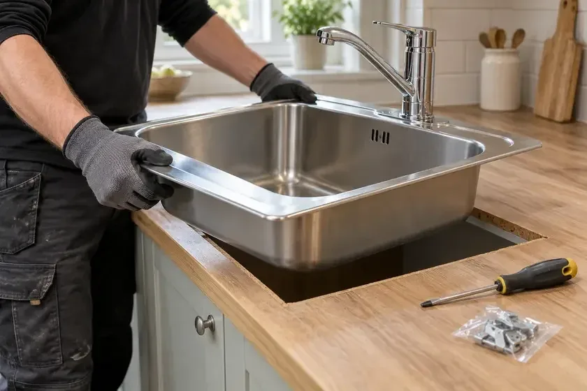 Installer lowering a stainless-steel sink into a timber worktop