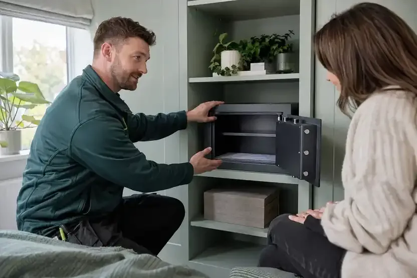 Technician demonstrates an open home safe