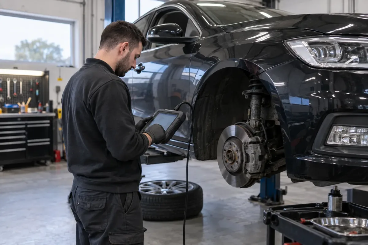 Technician checking braking system diagnostics beside a car wheel.