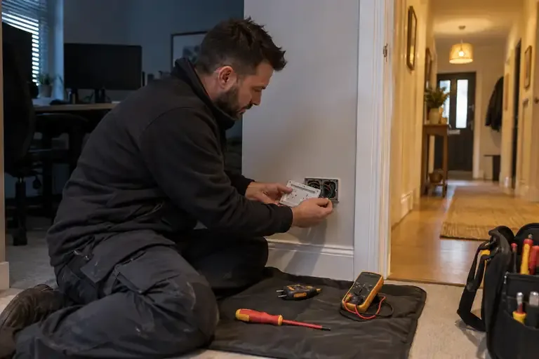 Electrician repairing a socket in a dark room while an adjacent hallway remains lit.