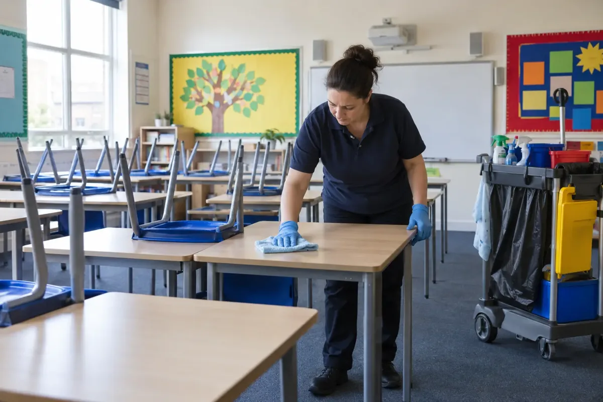 Cleaner wiping pupil desks with a microfibre cloth in an empty UK classroom, with stacked chairs, text-free colourful display boards and cleaning trolley. No children, gloves and practical uniform.