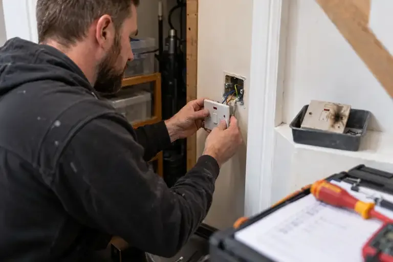 Electrician replacing a damaged electrical fitting after an inspection.