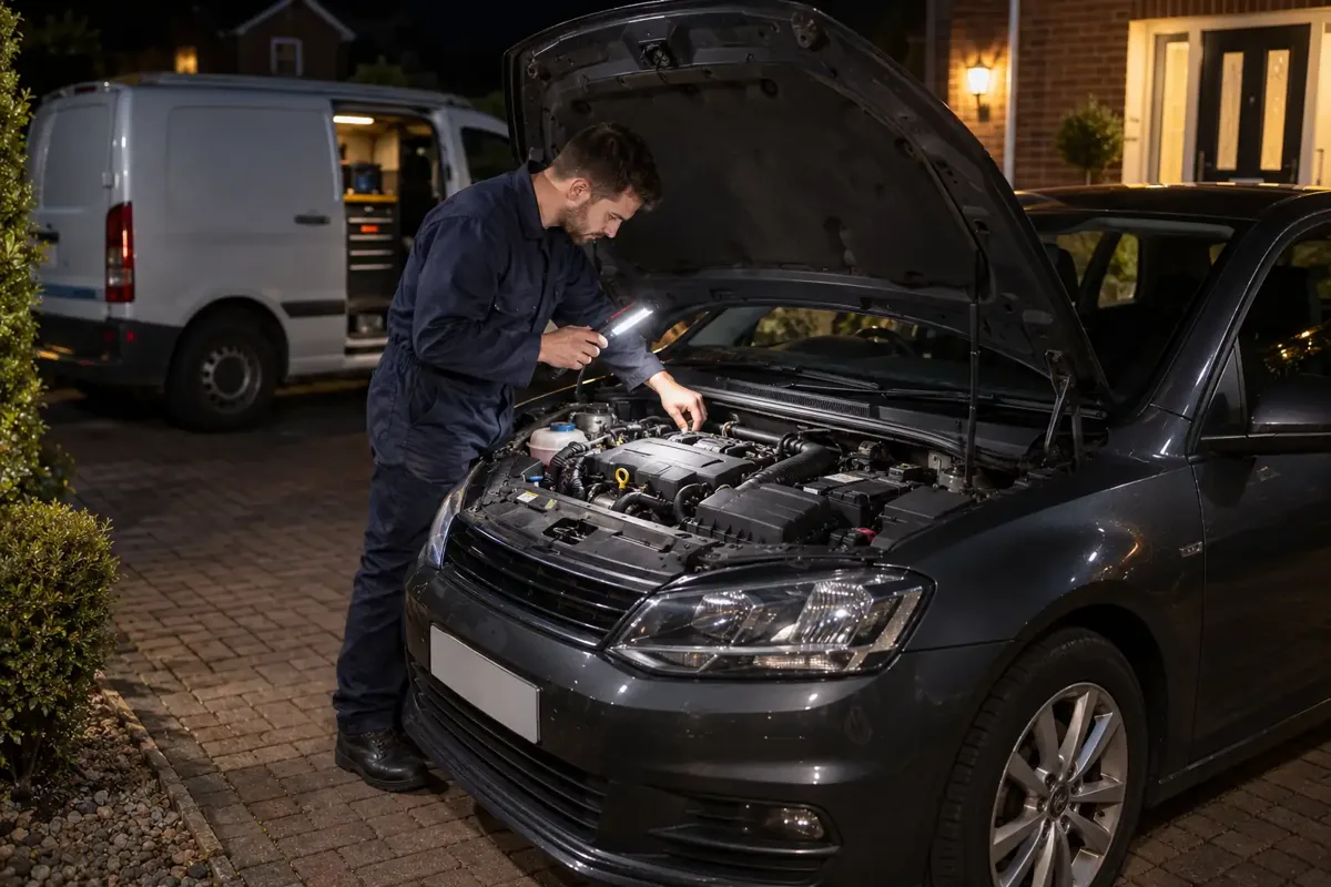 Mobile mechanic assessing a parked car at night