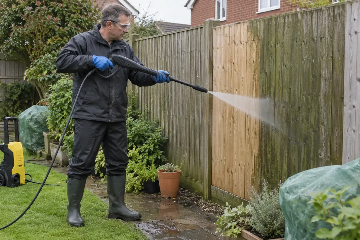 A cleaner carefully washing algae from a vertical timber garden fence using a wide low-pressure fan spray, nozzle kept well away from wood, pale cleaned boards beside green stained boards, garden plants protected, gloves, goggles and waterproof boots.
