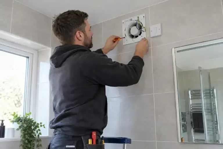 Technician fitting an extractor fan above a bathroom window